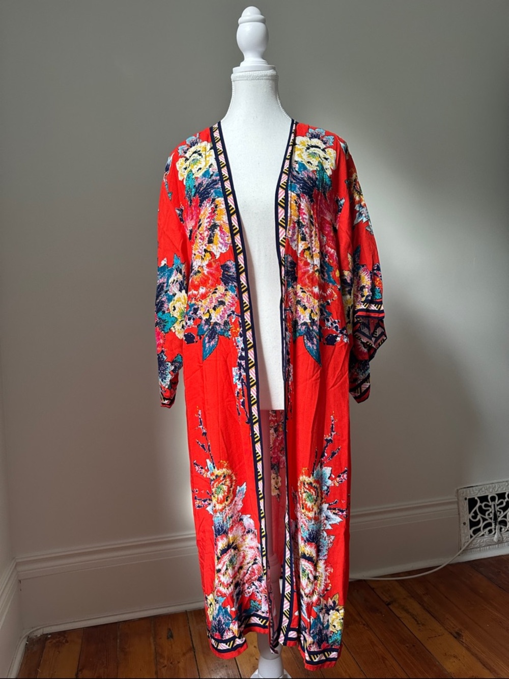 FLYING TOMATO Anthro Open Front Long‎ Lined Red Floral Boho Summer Kimono M/L
